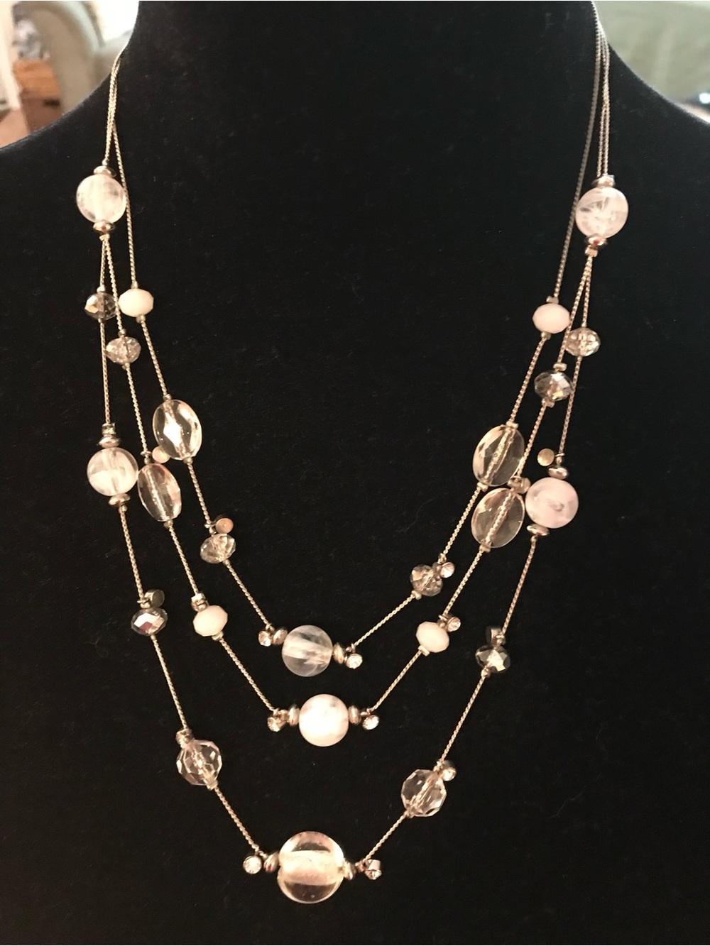 Multi-Strand Crystal and Pearl Necklace in Clear and White